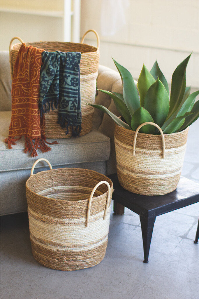 SET OF THREE TWO TONED NATURAL ROUND BASKETS