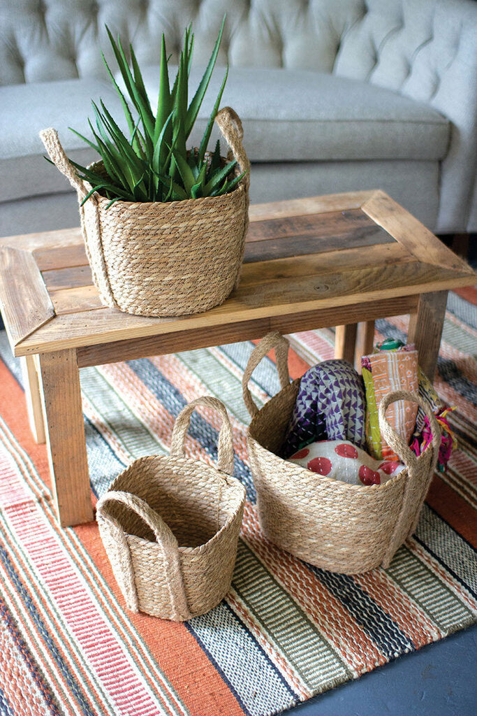 SET OF THREE SQUARE SEAGRASS BASKETS WITH HANDLES