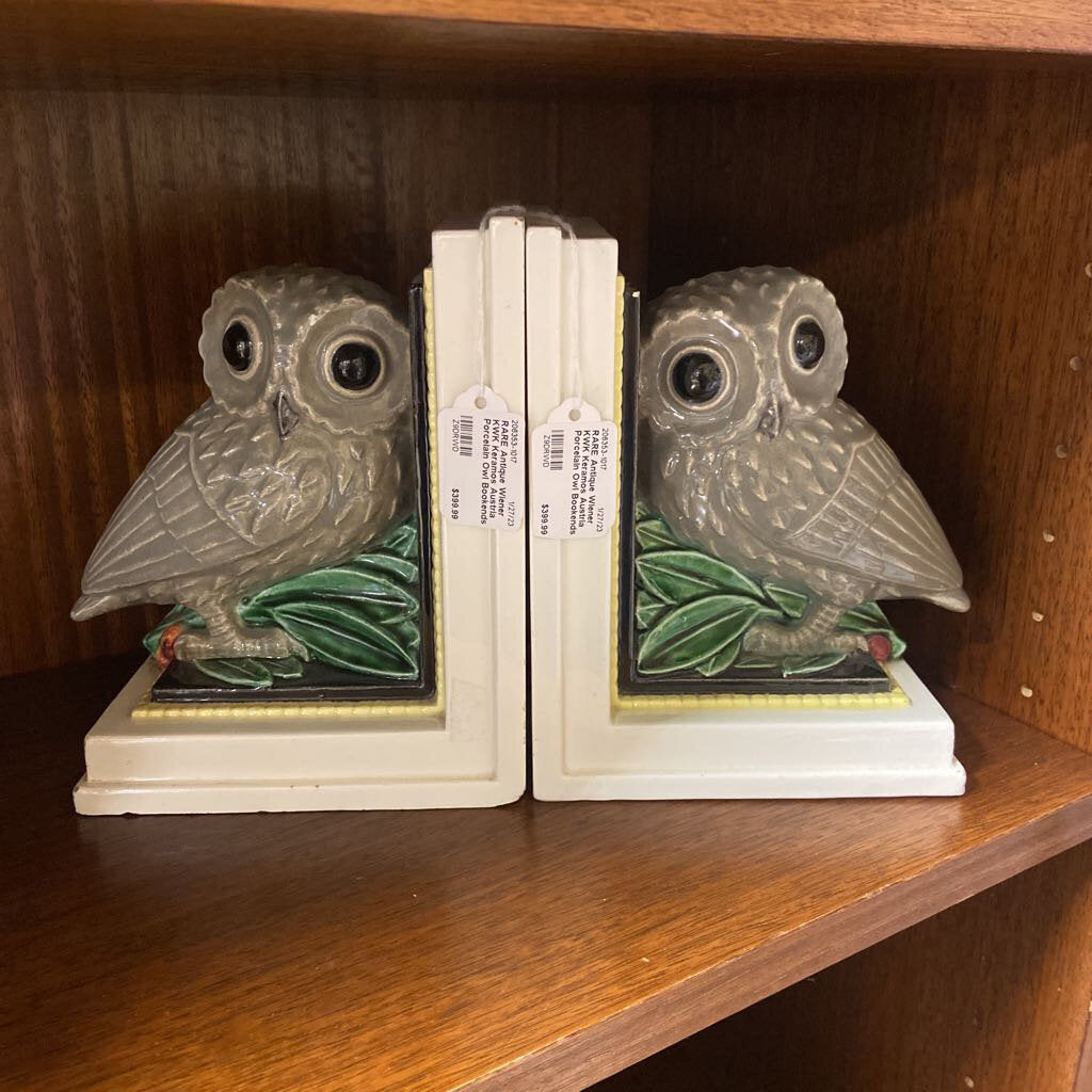 RARE Antique Wiener KWK Keramos Austria Porcelain Owl Bookends Pair
