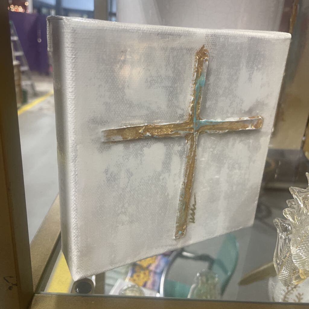 6" x 6" Cross on Canvas with Teal & Gold