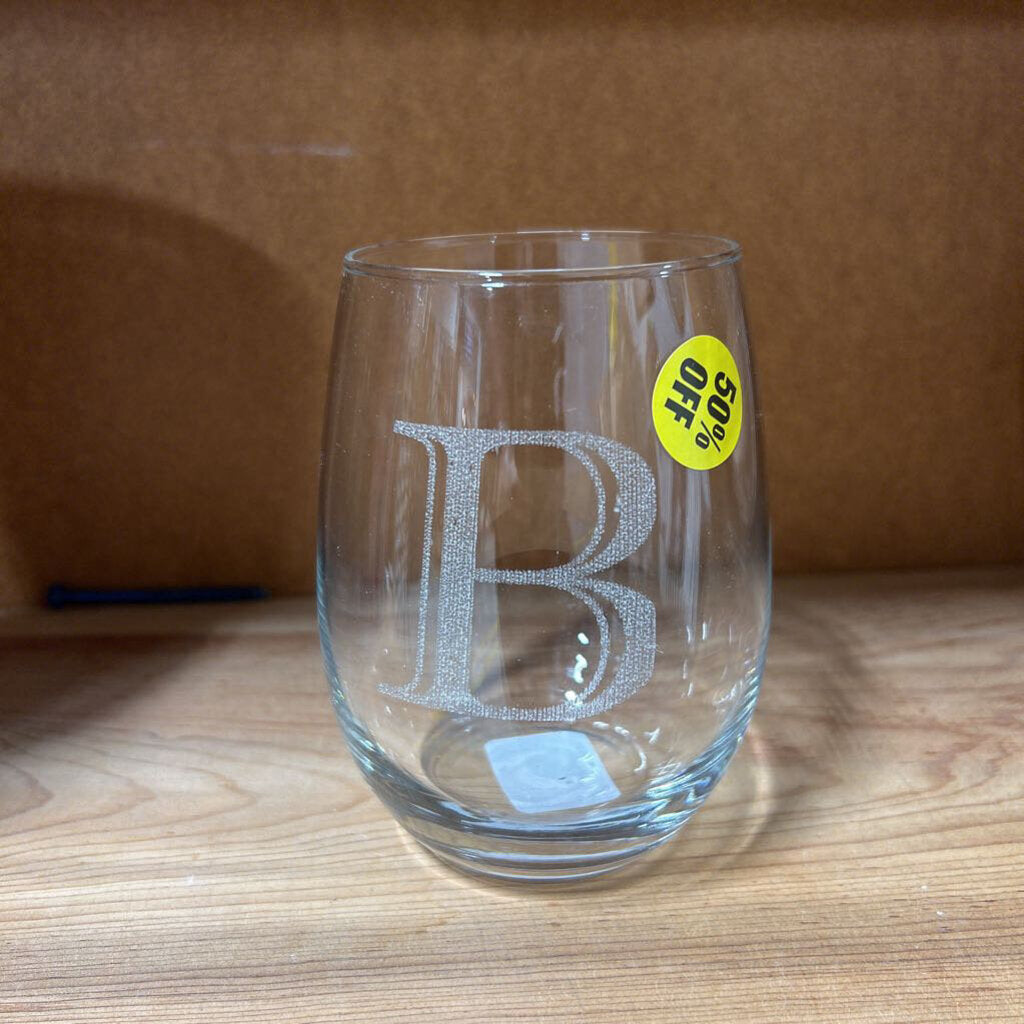 Etched Stemlesss Wine Glass Letter B