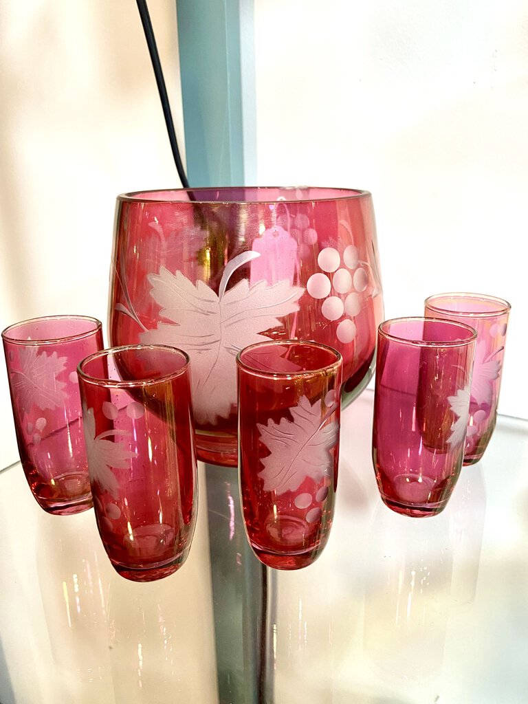 #214 Cranberry Etched Set bowl 5 shot glasses
