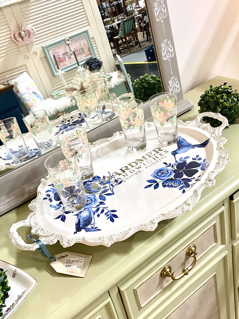 25"x16" White Oval Painted Silver Tray with Blue Birds