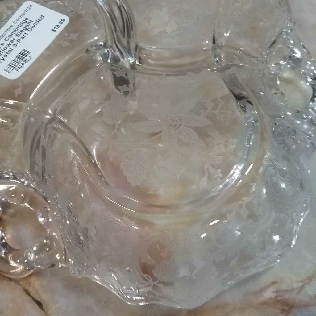 c 1930's Cambridge Wildflower Elegant Crystal 3-Part Divided Relish Dish 8" Wide