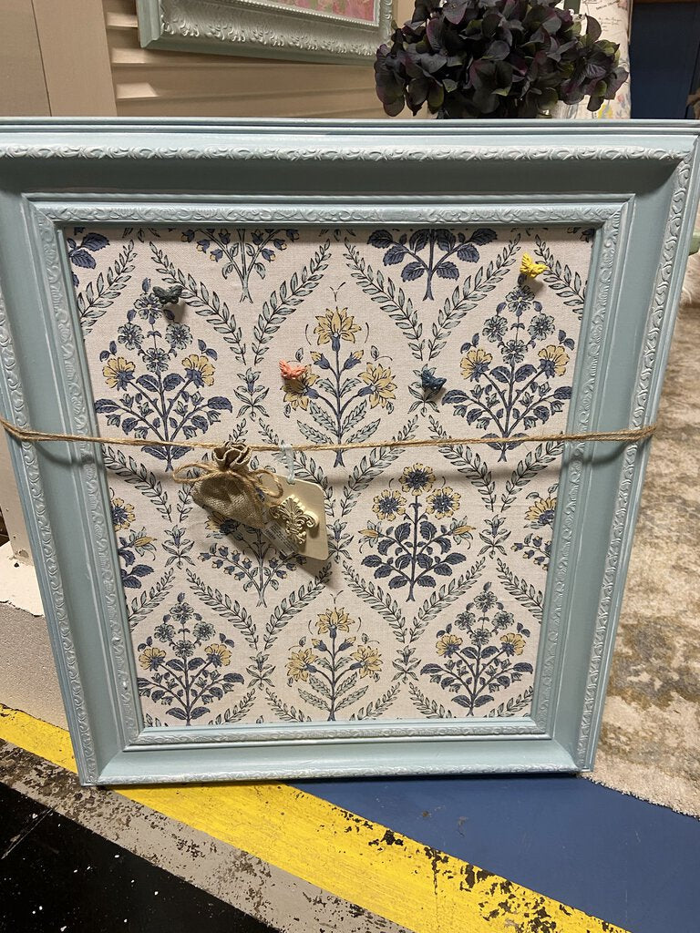 17x21 Blue Frame Bulletin Board with Floral Fabric. Overall Dimensions 23x27