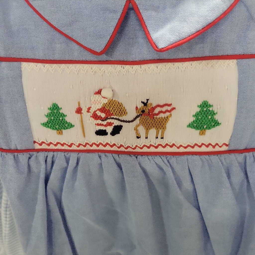 Santa's Coming Blue Chambray Smocked Boy Bubble
