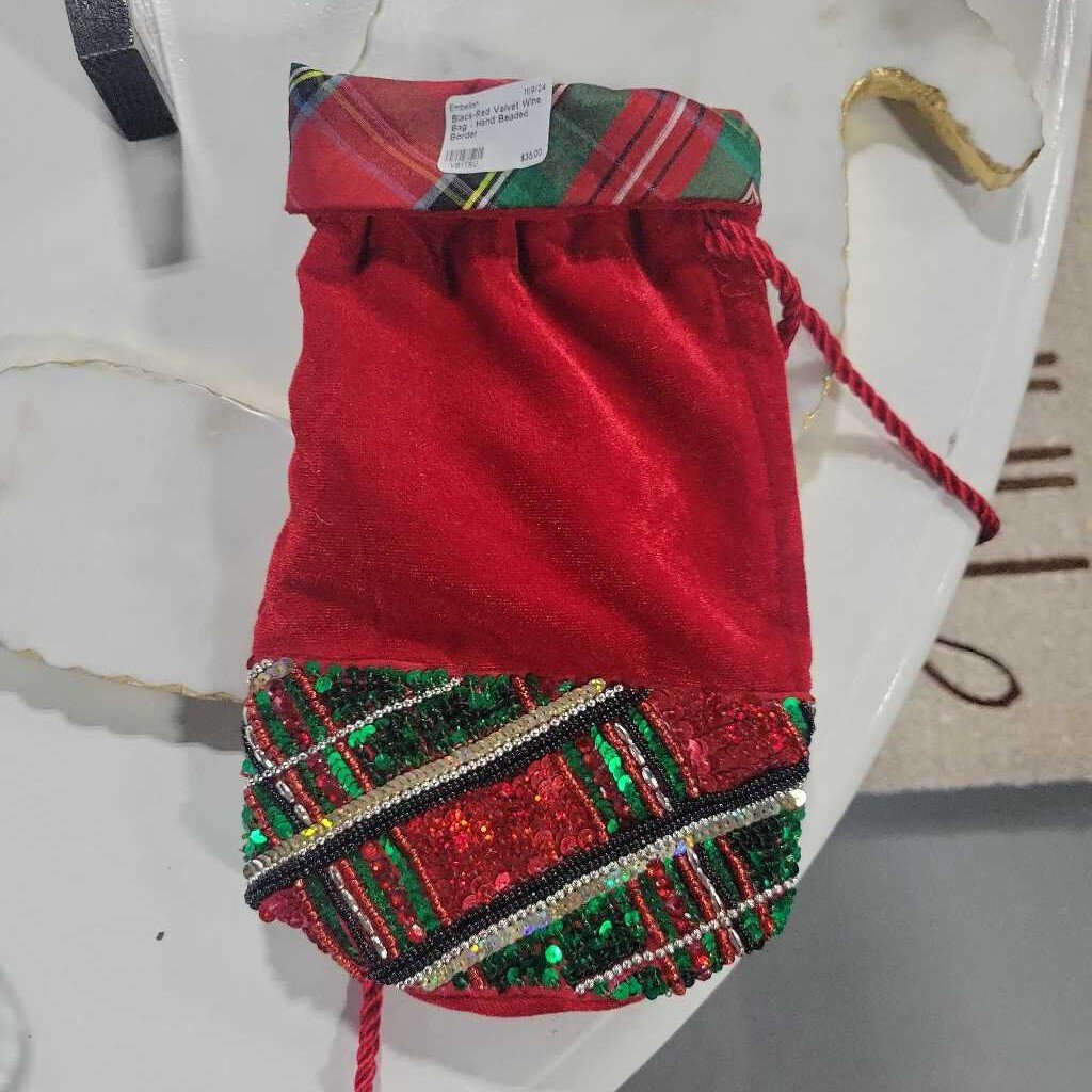 Black-Red Velvet Wine Bag - Hand Beaded Border