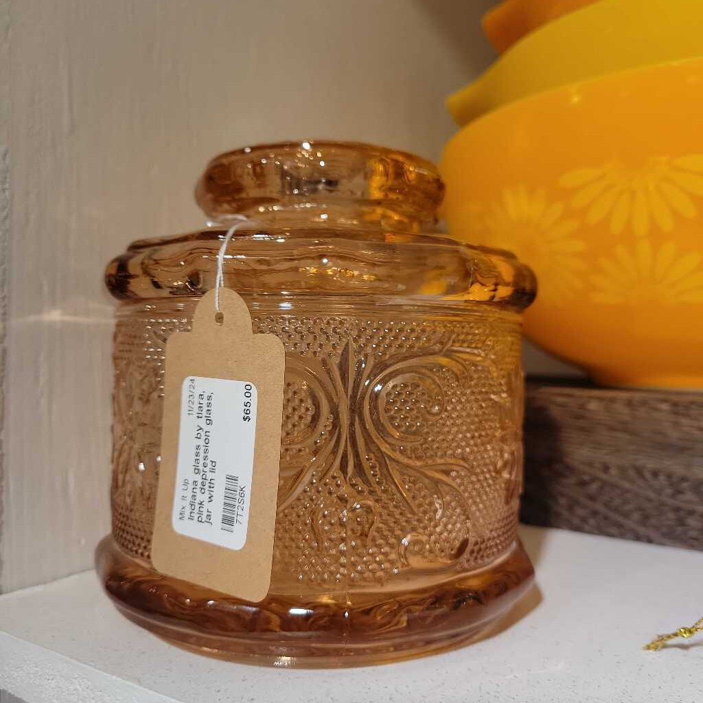 Indiana glass by tiara, pink depression glass, jar with lid