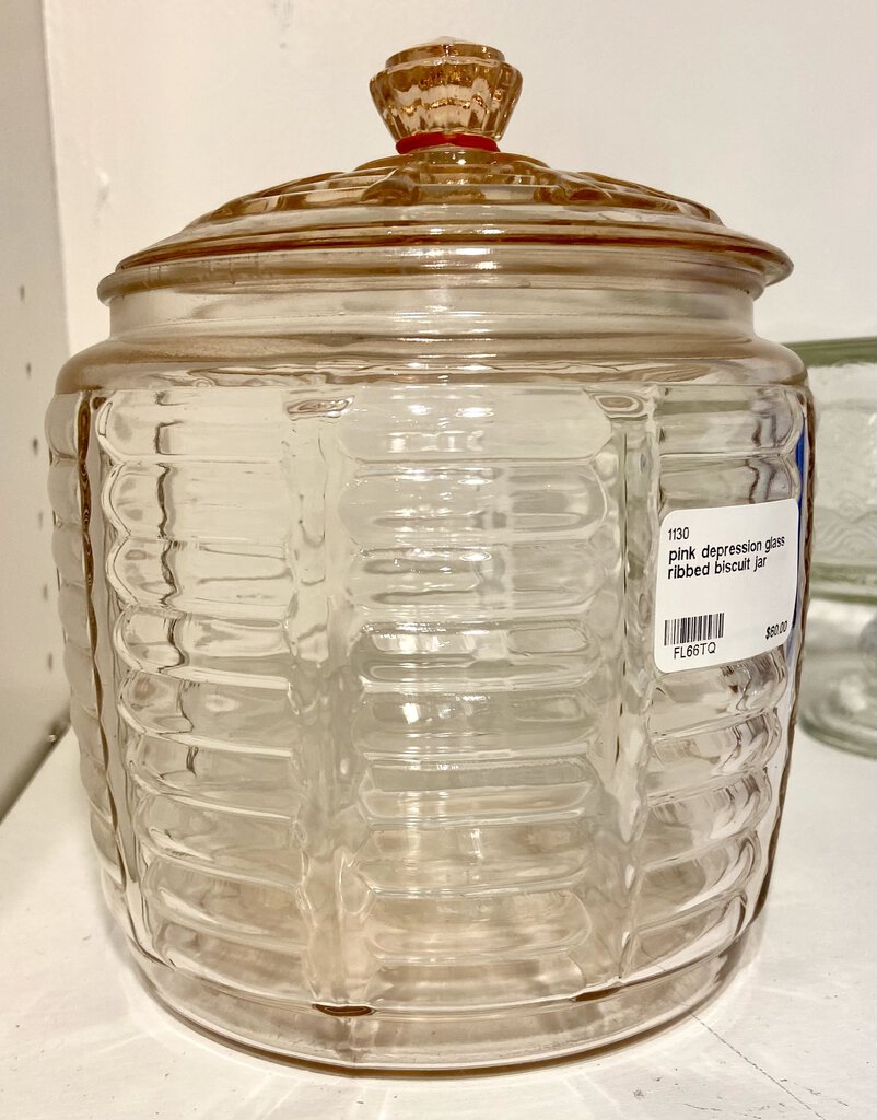 pink depression glass ribbed biscuit jar