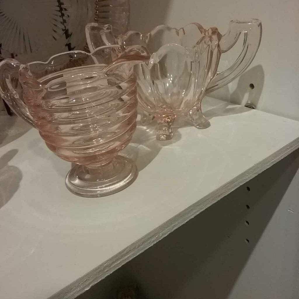 pink depresion sugar and creamer glass