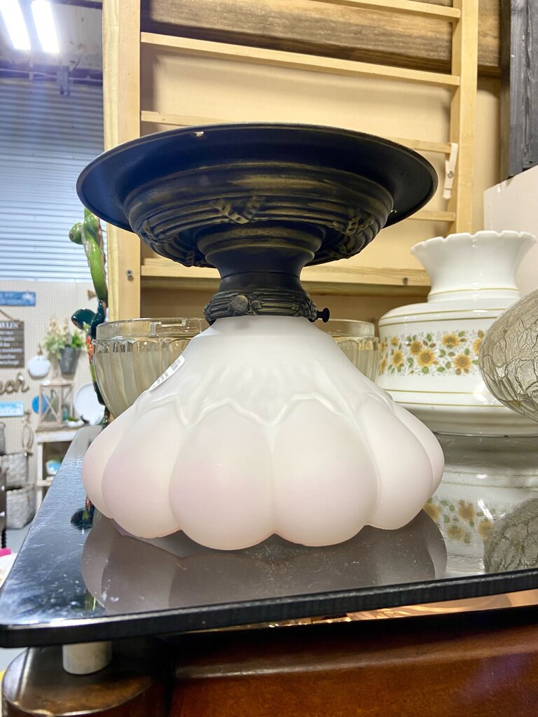 Antique Brass Light Fixture & Pink Cased Glass Shade