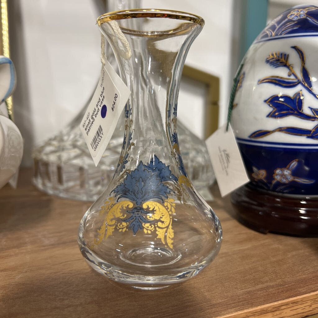 small gold and blue painted bud vase