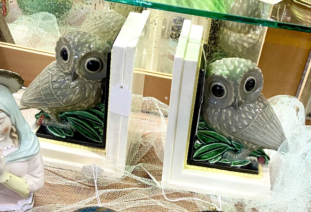 RARE Antique Wiener KWK Keramos Austria Porcelain Owl Bookends Pair