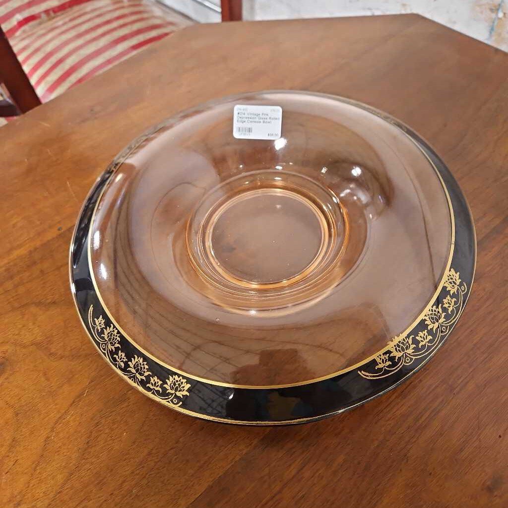 #214 Pink Glass Bowl Black Gold Trim