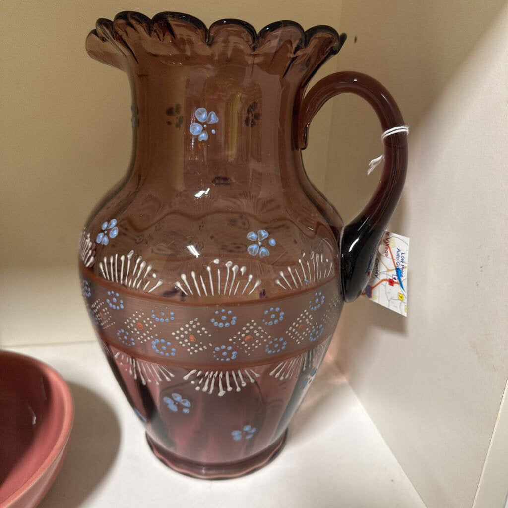 Vintage purple glass pitcher with hand painted enamel