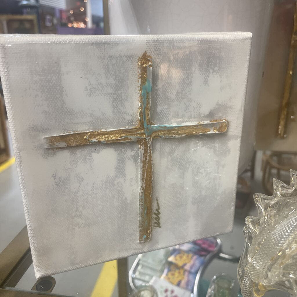 6" x 6" Cross on Canvas with Teal & Gold