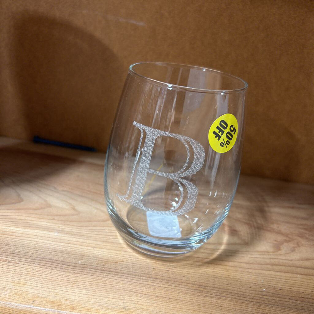 Etched Stemlesss Wine Glass Letter B