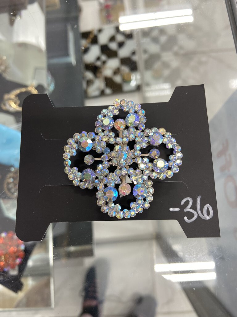 Vintage AB Rhinestone Blue Flower Brooch Clover Silver Tone