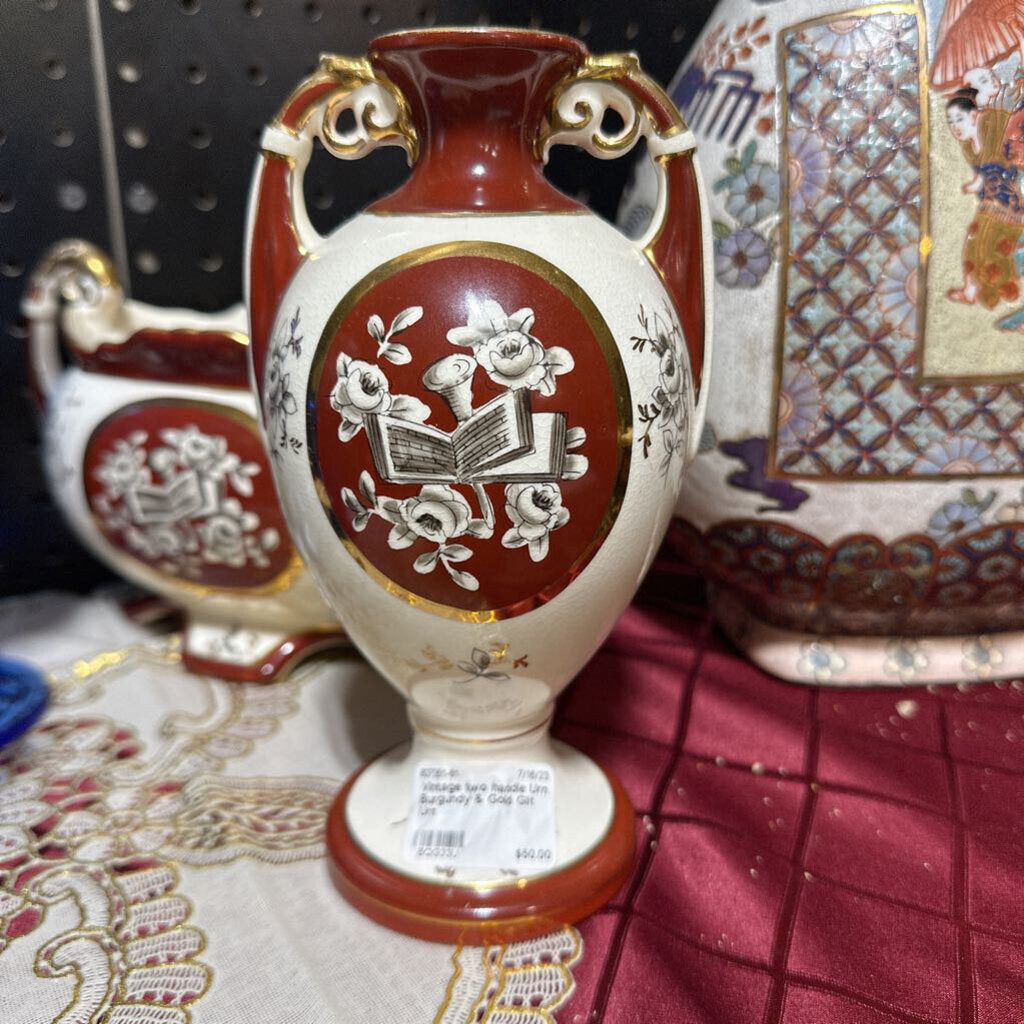 Vintage two handle Urn Burgundy & Gold Gilt Urn