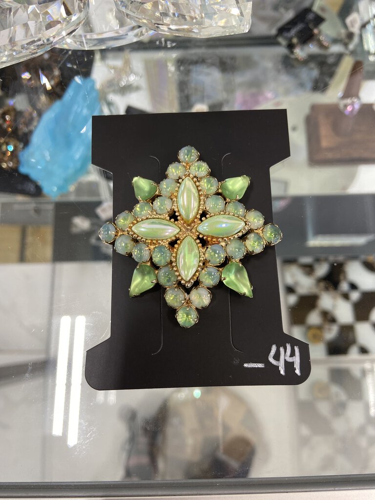 Vintage Green Moonstone Star Gold Tone Rhinestone Brooch