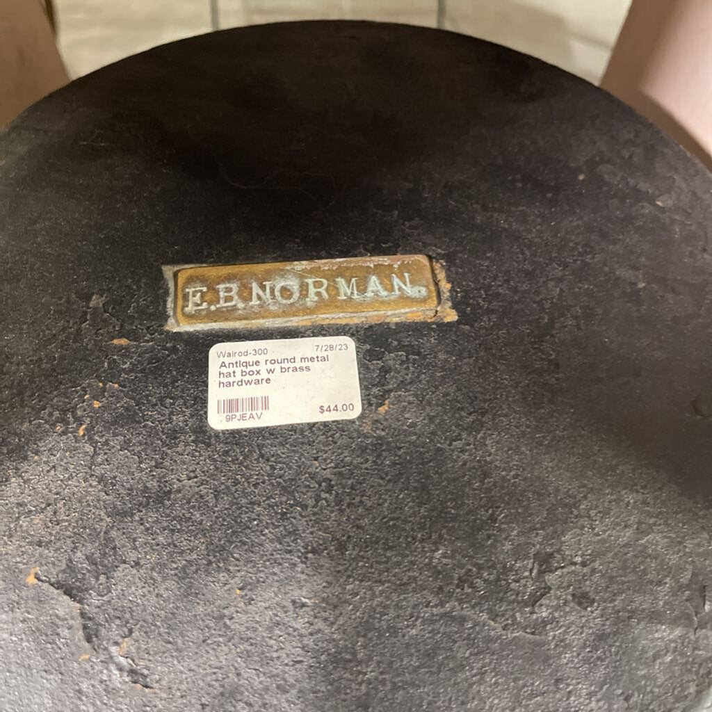 Antique round metal hat box w brass hardware