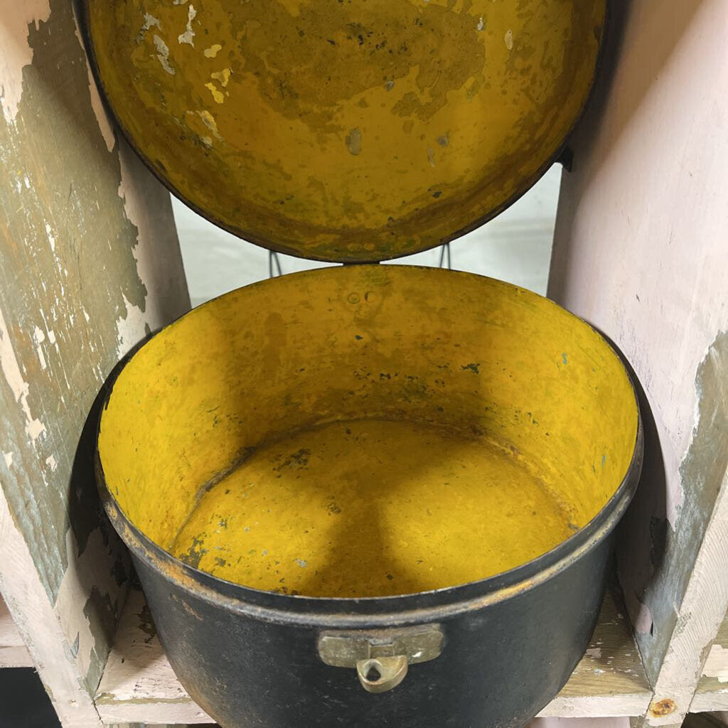 Antique round metal hat box w brass hardware