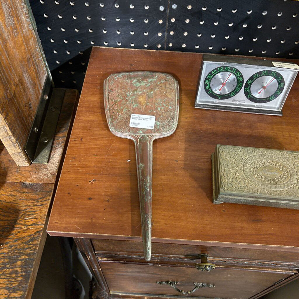 Lovely patina vintage brass hand mirror