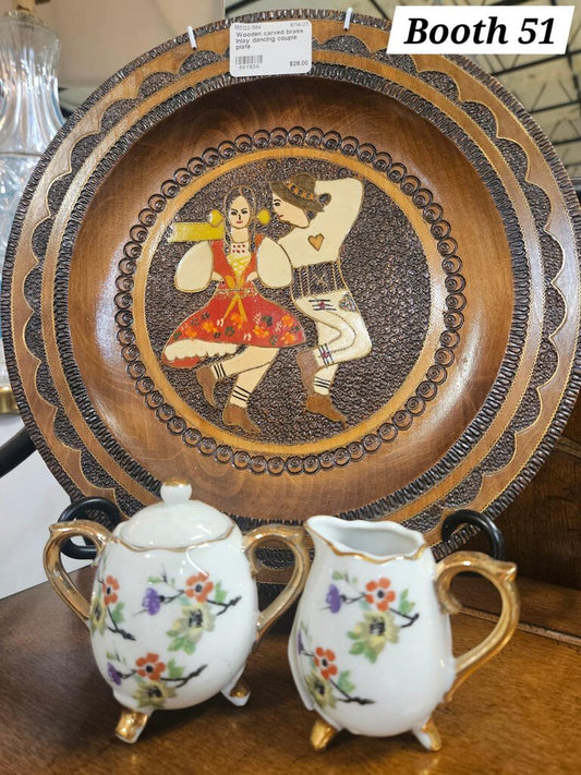 Wooden carved brass inlay dancing couple plate