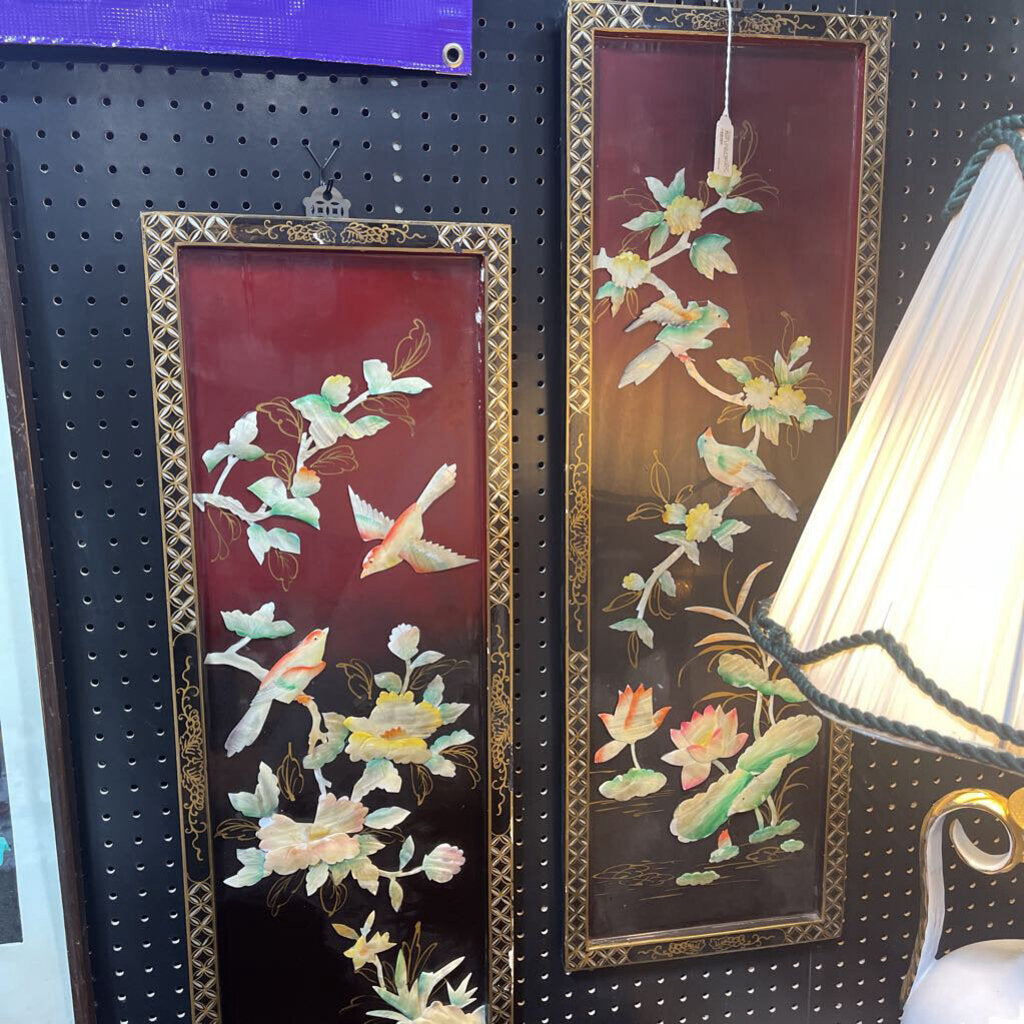 (PAIR) VTG Asian Red Black Lacquer Mother of Pearl Art Panels