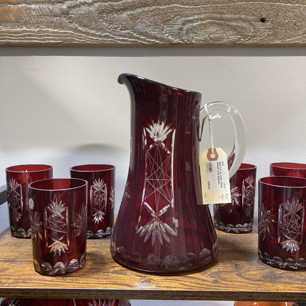 Red Cut to Clear Glass Pitcher w/6 Glasses