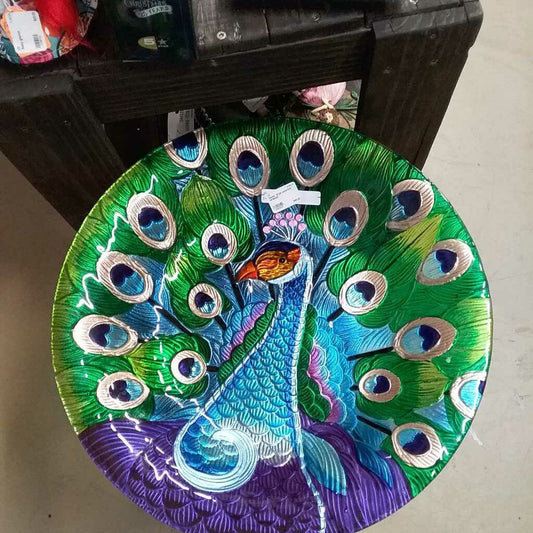 Glass, large peacock birdbath