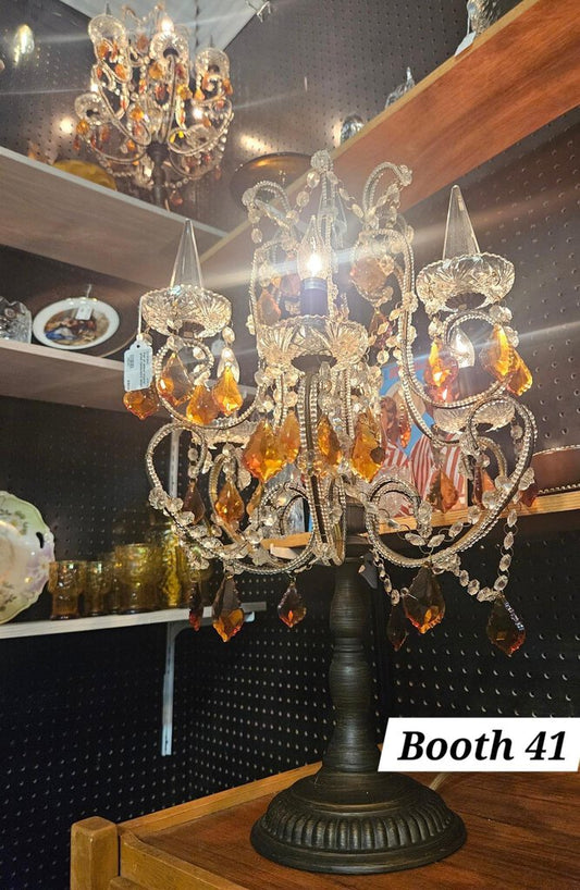 Pair of amber crystal prism candelabra lamps