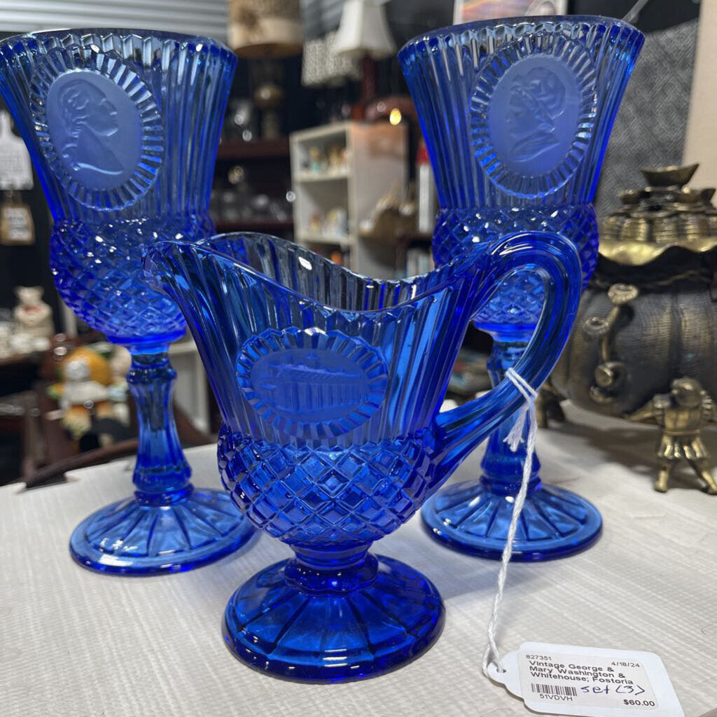 Vintage George & Mary Washington & Whitehouse; Fostoria Blue Glass Goblets & Pitcher Set