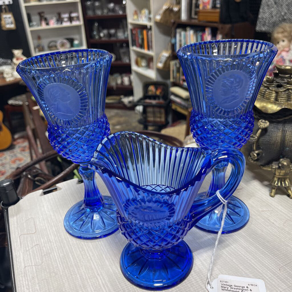 Vintage George & Mary Washington & Whitehouse; Fostoria Blue Glass Goblets & Pitcher Set
