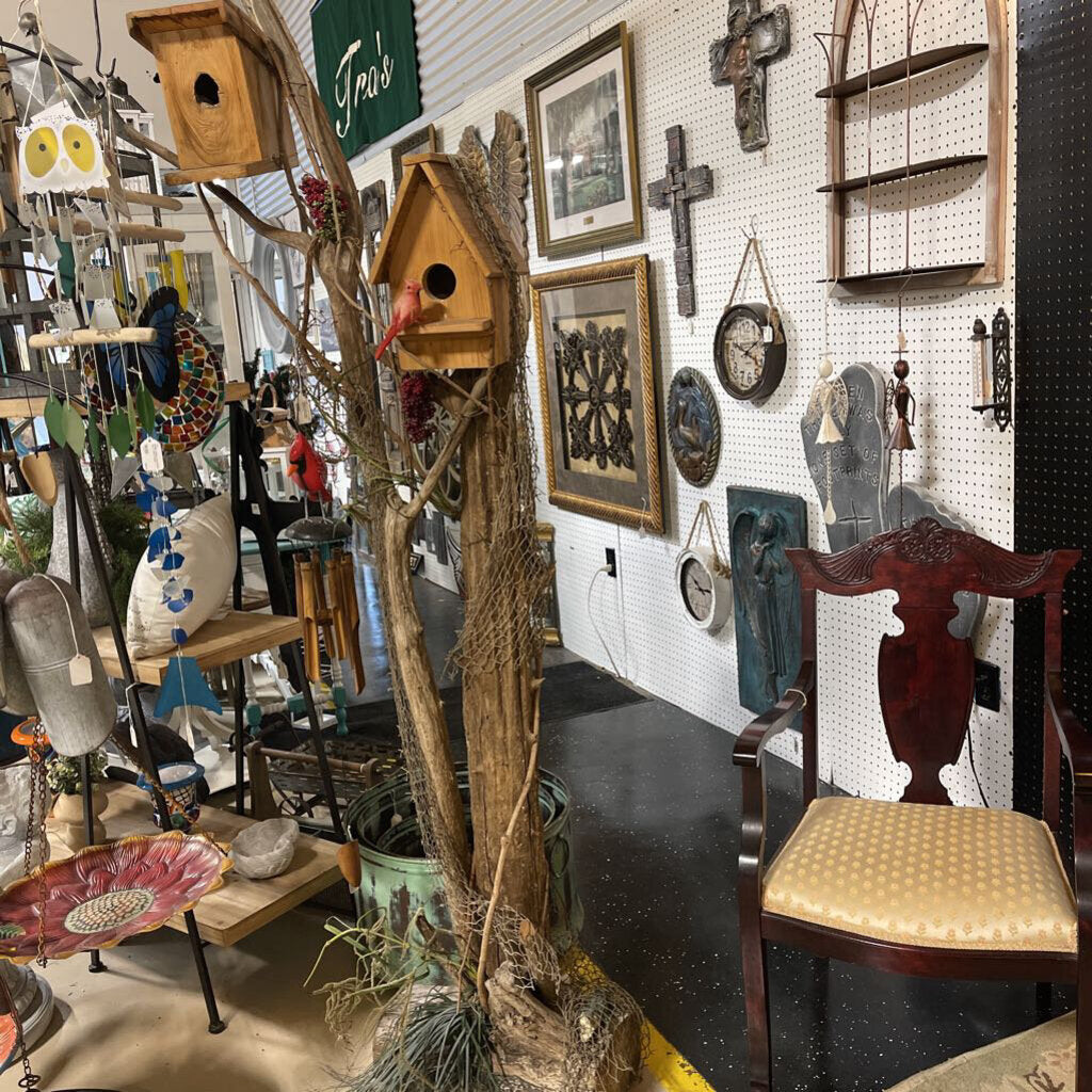 Double Trees with 2 Wood Bird Houses
