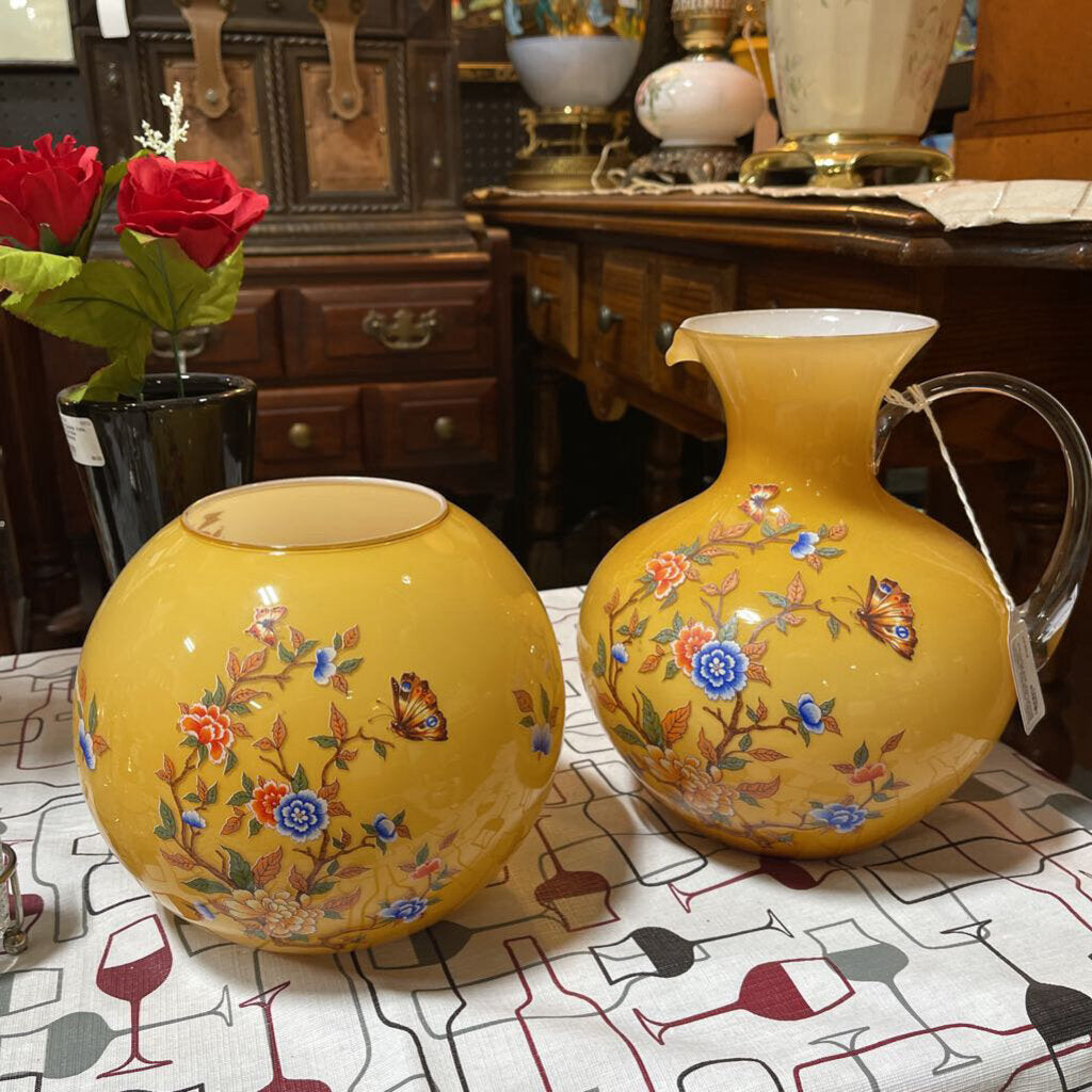 Italian Norleans Yellow Pitcher and Vase w/ Butterflies and Flowers