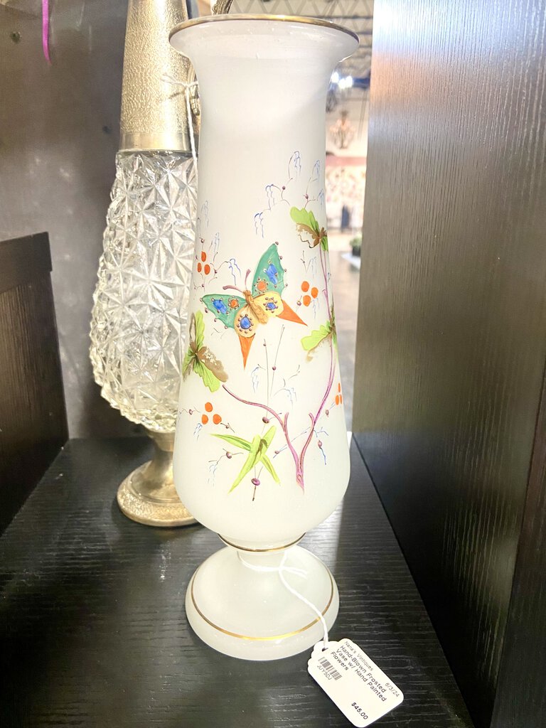 Hand-Blown Frosted Vase w/ Hand Painted Flowers