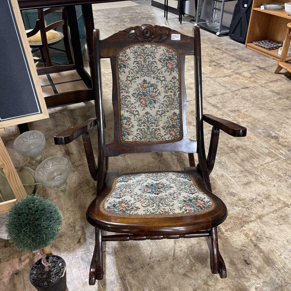 Vintage Folding Carved Wood Tapestry Rocking Chair Rocker Estate Find