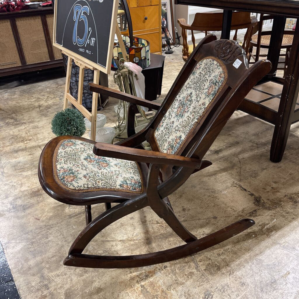 Vintage Folding Carved Wood Tapestry Rocking Chair Rocker Estate Find