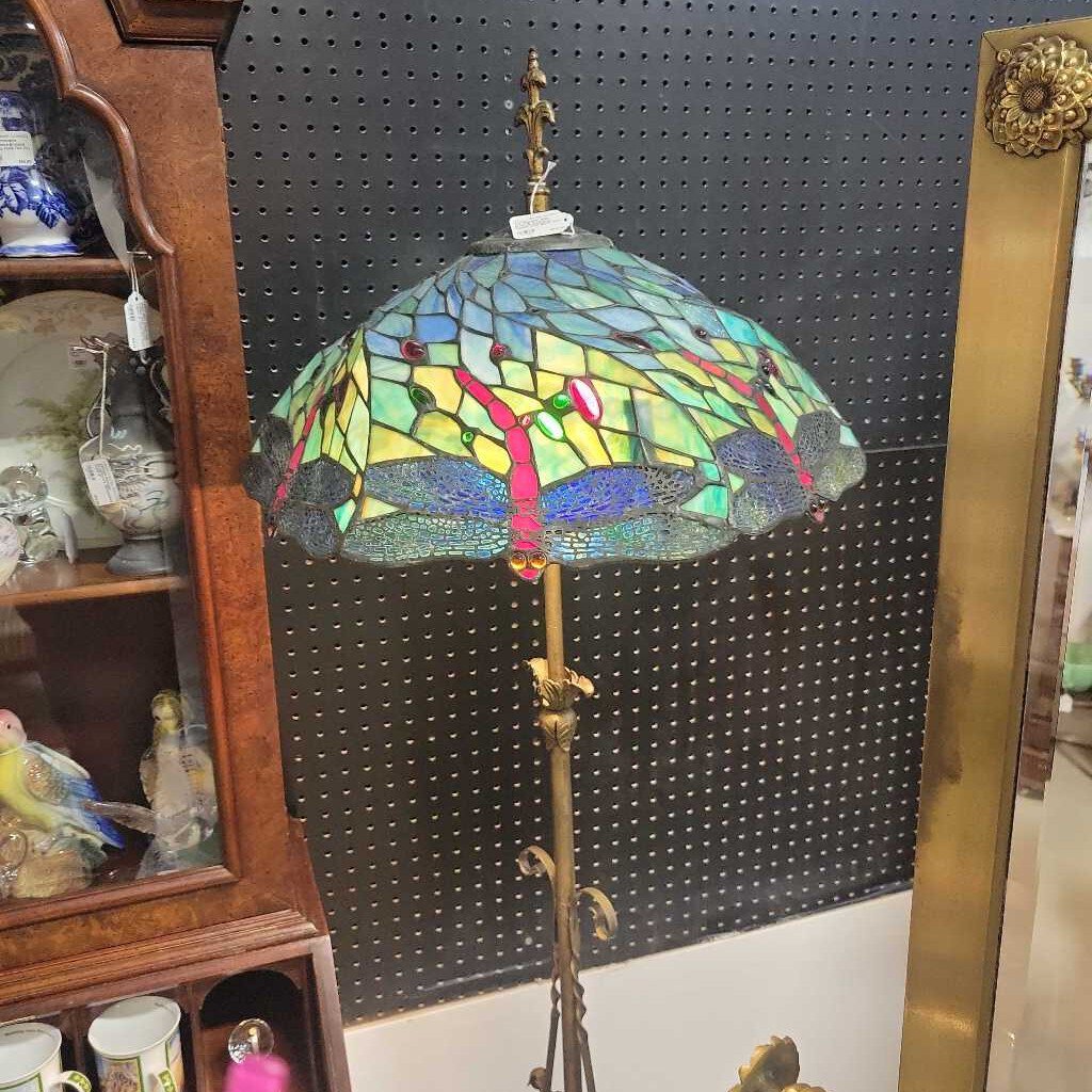 Art Nouveau 1920 brass & dragonfly leaded stain glass floor lamp