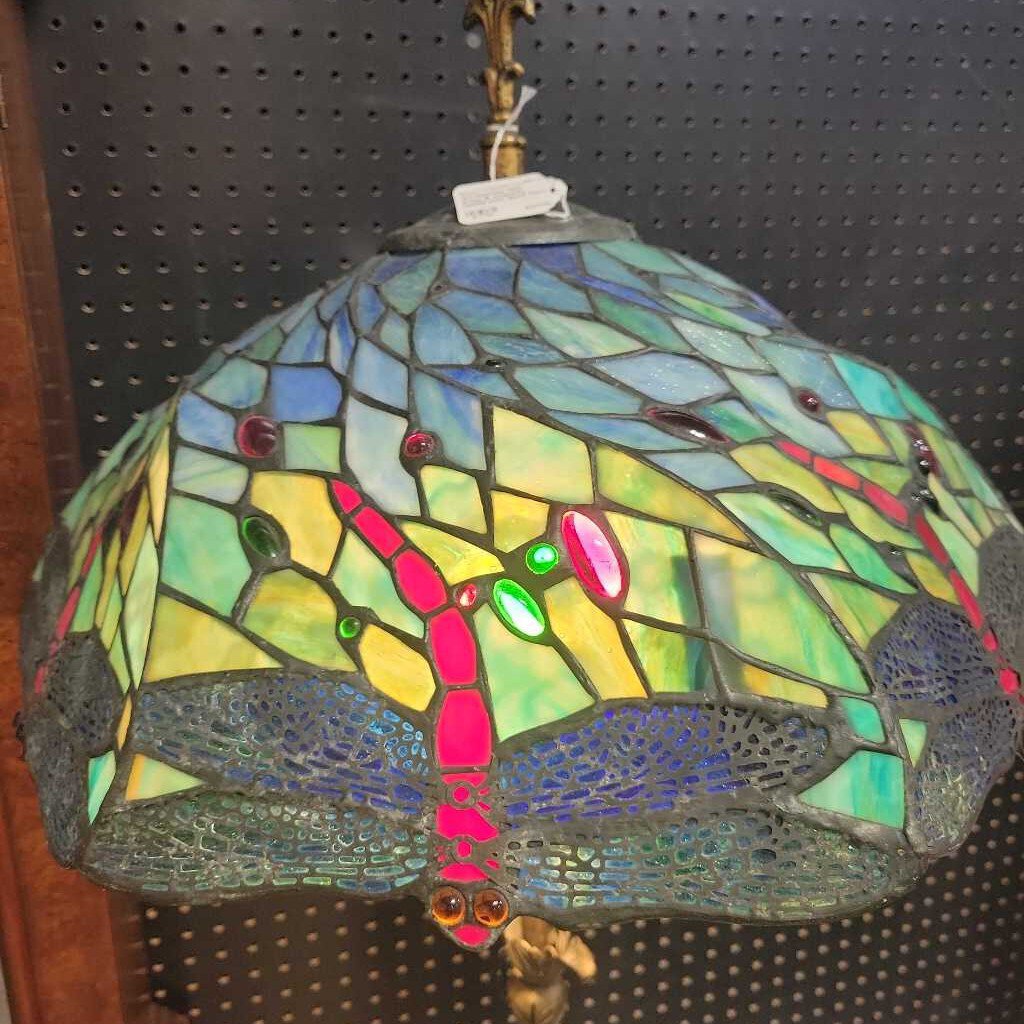 Art Nouveau 1920 brass & dragonfly leaded stain glass floor lamp