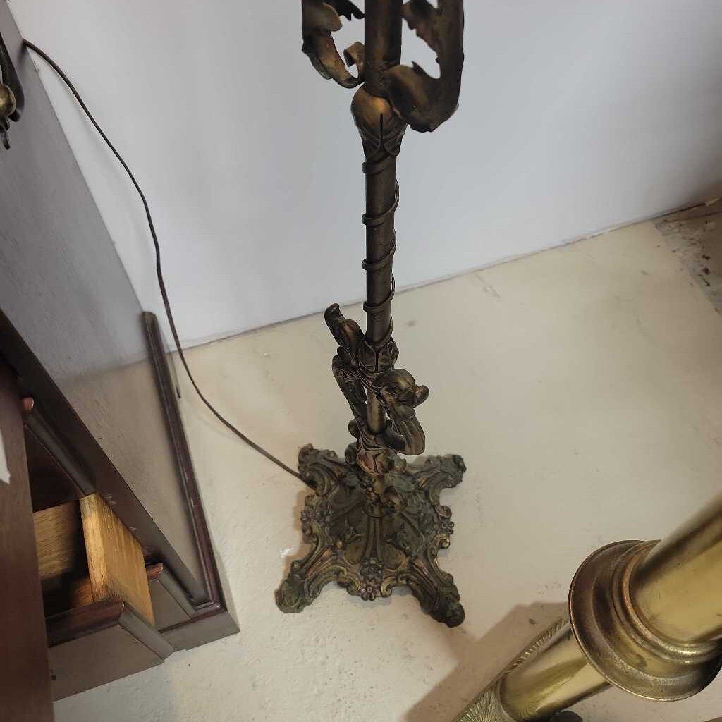 Art Nouveau 1920 brass & dragonfly leaded stain glass floor lamp