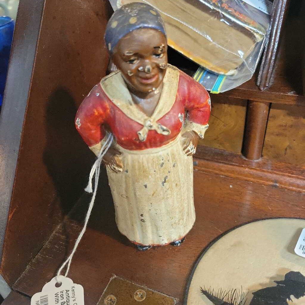 Antique 1930s Still Cast Iron Bank Full Figure With Hands On Hips Polka Dot Scarf & White Apron over Red Dress