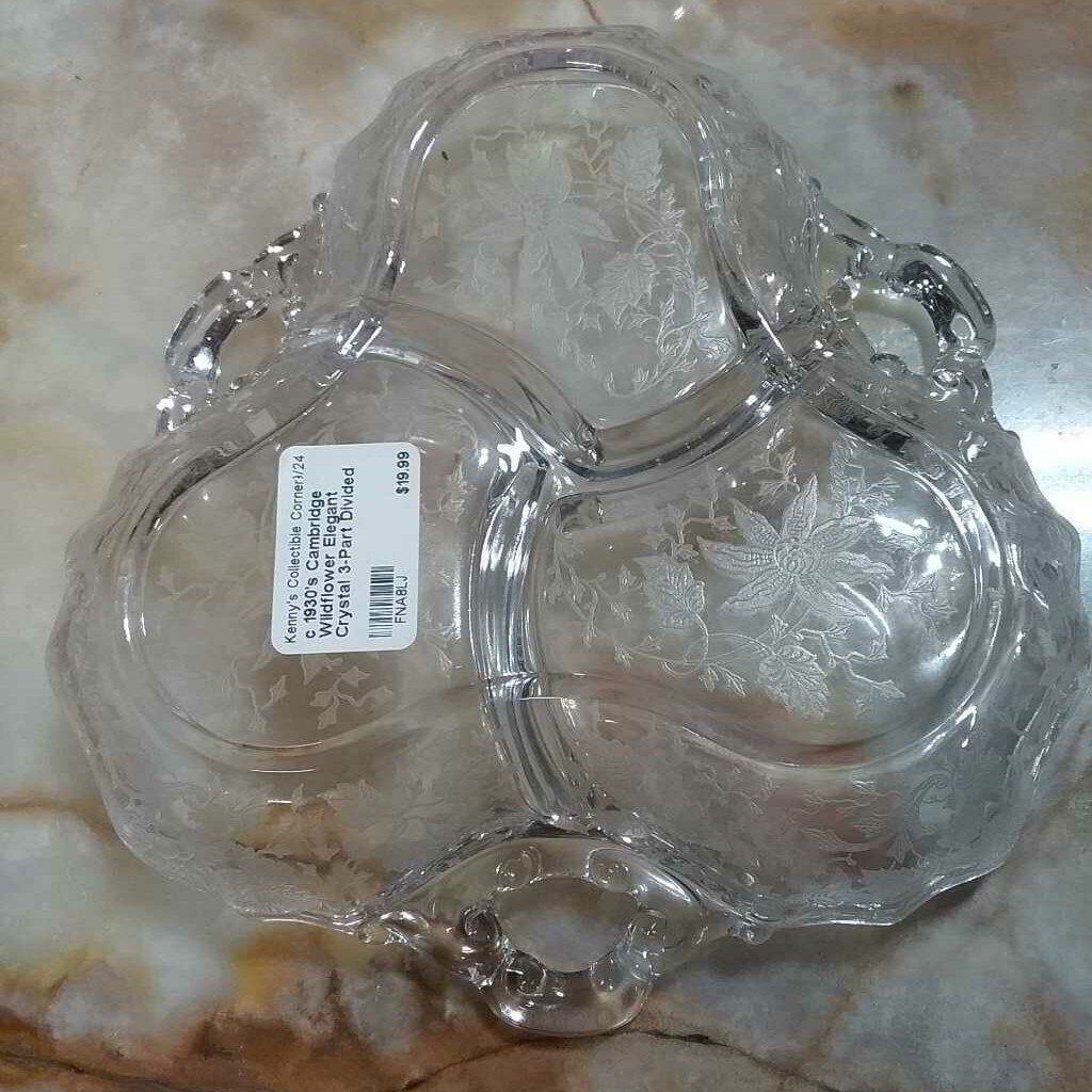 c 1930's Cambridge Wildflower Elegant Crystal 3-Part Divided Relish Dish 8" Wide