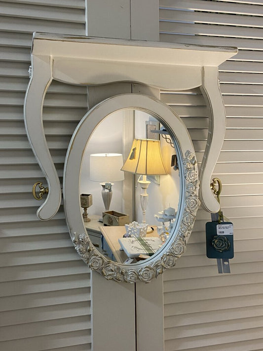 Ivory and Gold Rose Mirror with Shelf