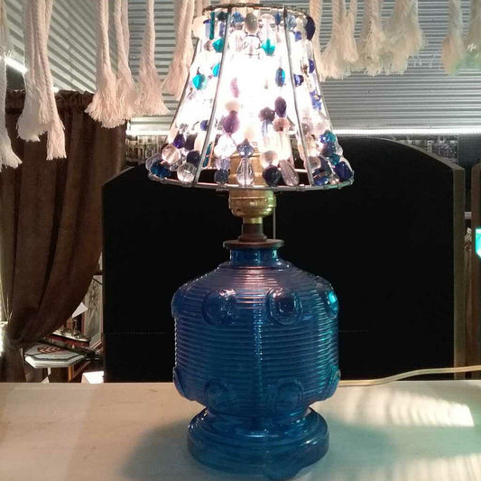 Vintage Blue Glass Lamp w/ Hand Beaded (Glass Beads) Shade