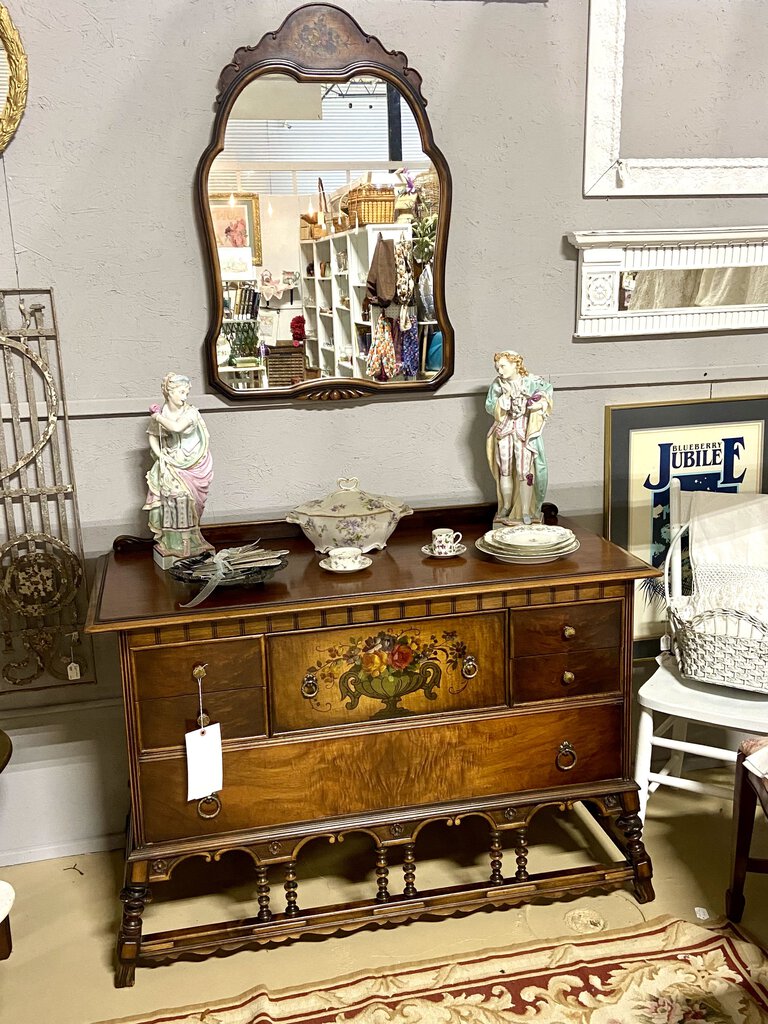 Server with Detached Mirror Antique Walnut with hand painted design