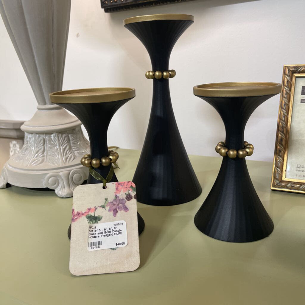 Set of 3 - 9", 6", 6" Black and Gold Candle Holders. Perigold DUPE