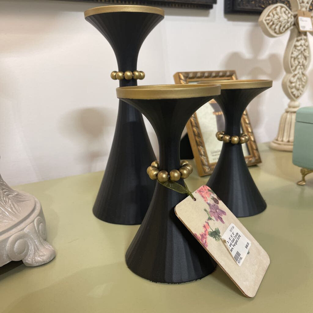 Set of 3 - 9", 6", 6" Black and Gold Candle Holders. Perigold DUPE