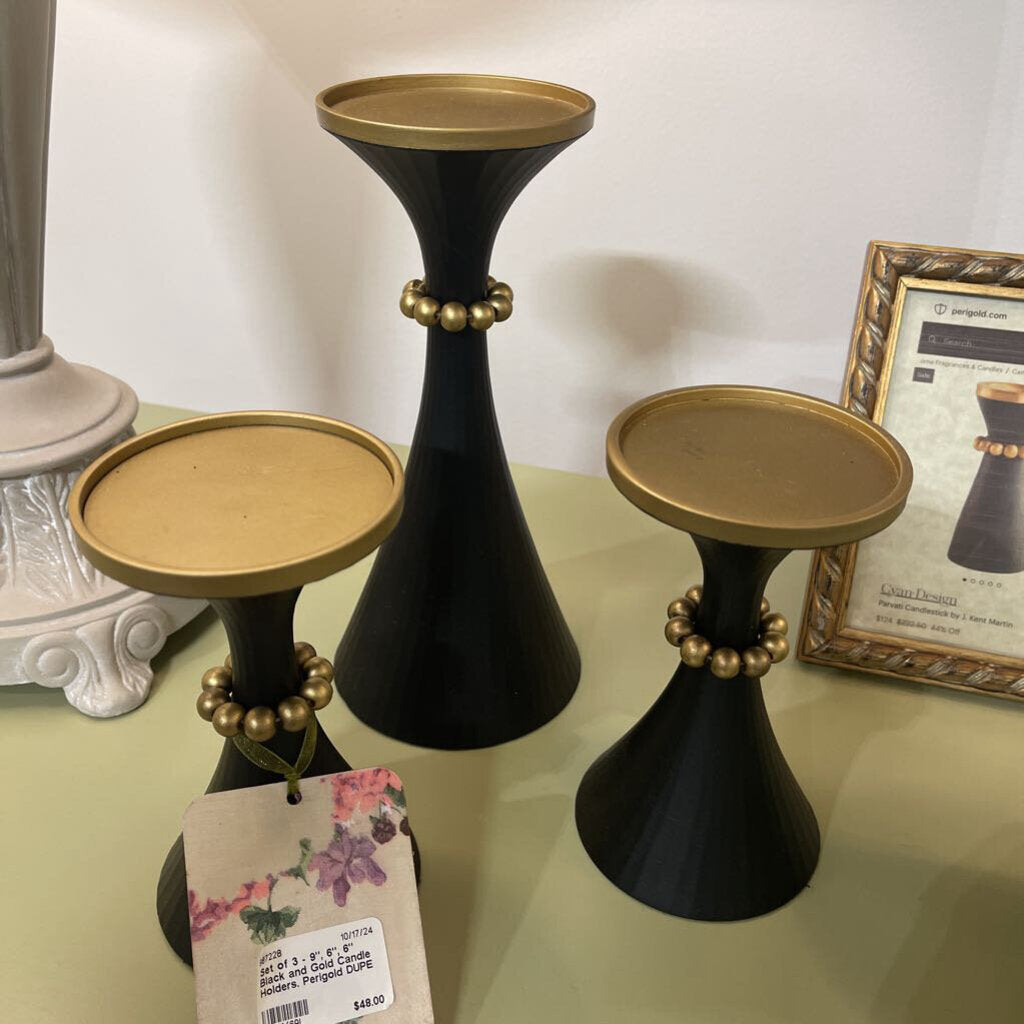Set of 3 - 9", 6", 6" Black and Gold Candle Holders. Perigold DUPE